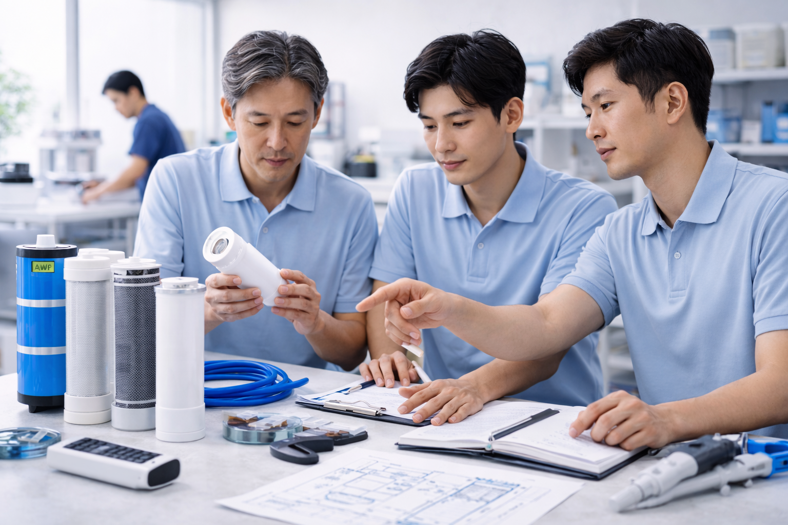 AIWP engineering team reviewing water purifier components and blueprints — Japanese technology expertise