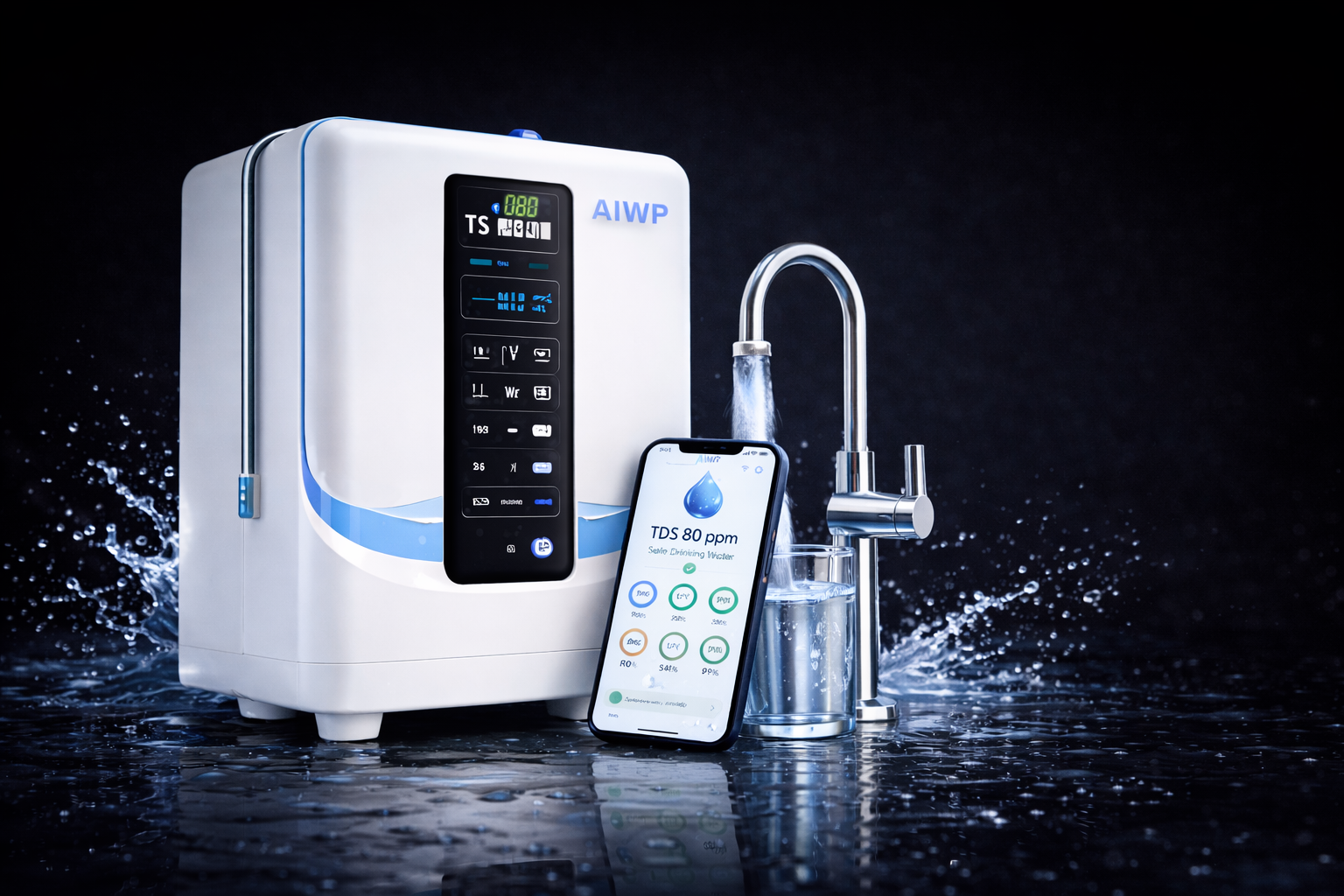 AIWP water purifier with digital display, mobile app showing TDS 80ppm Safe Drinking Water, chrome faucet pouring water into glass — premium product showcase