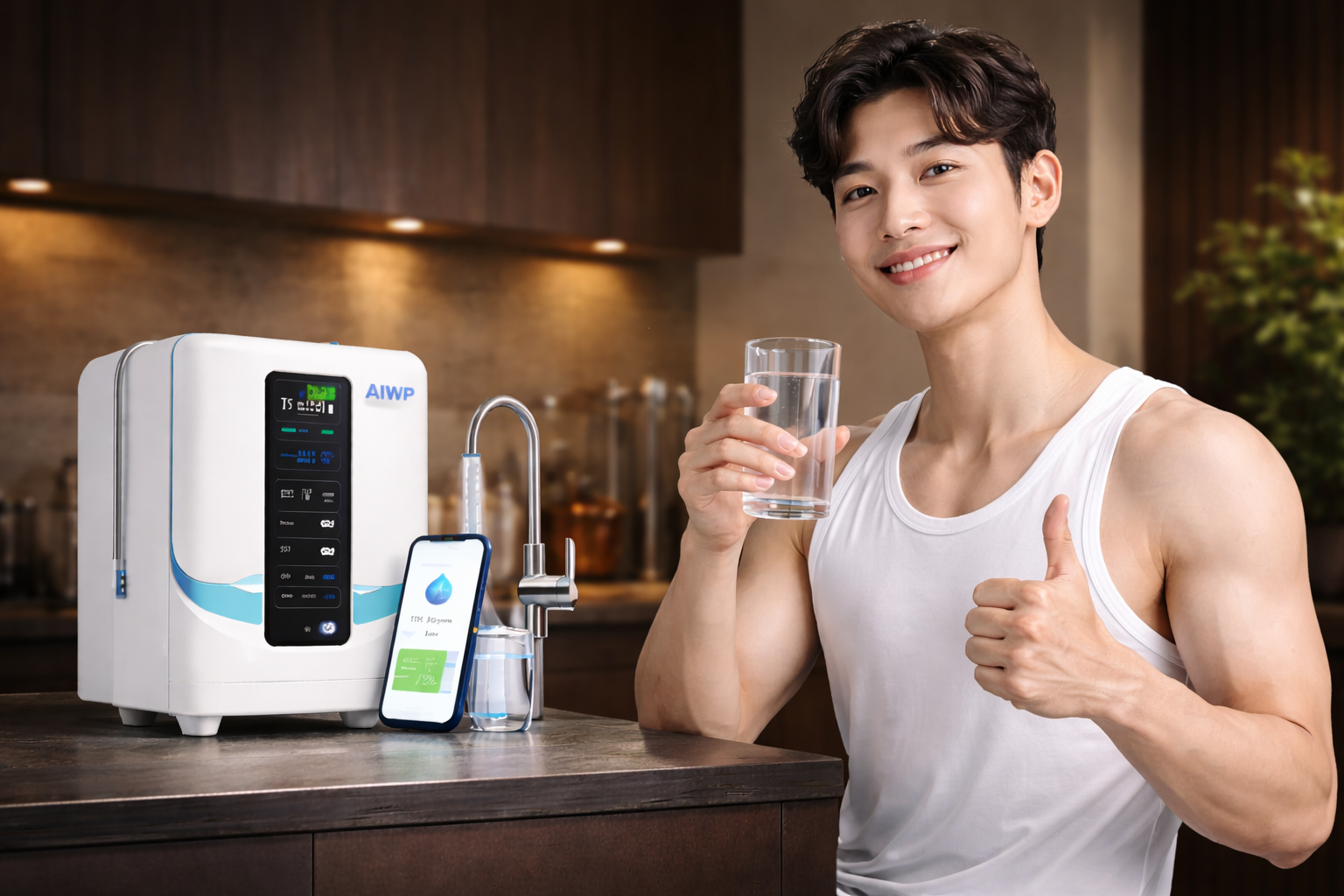 Young man with glass of water and thumbs up next to AIWP purifier and app — TDS 30ppm Good
