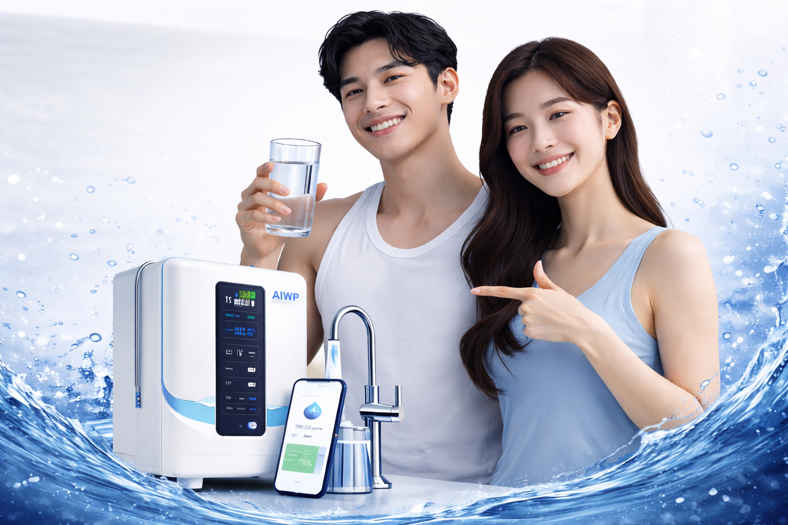 Happy couple with AIWP water purifier — man holding glass of purified water, woman pointing at the smart purifier system with app and faucet